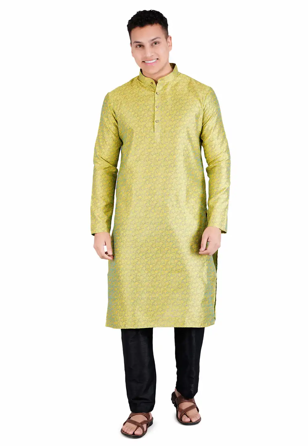 Yellow Satin Jacquard Kurta Pajama 278240