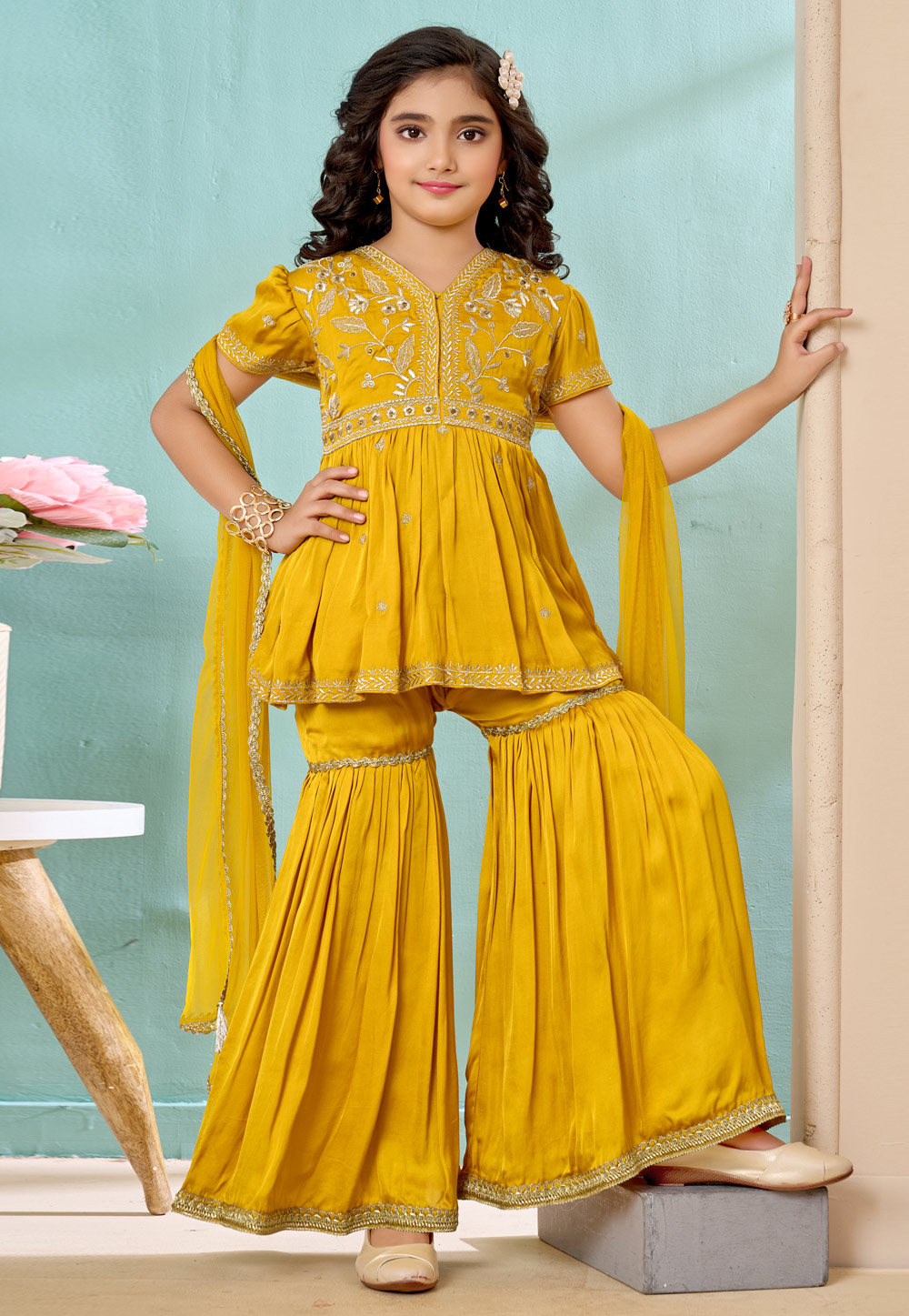 Yellow Satin Kids Sharara Suit 325180