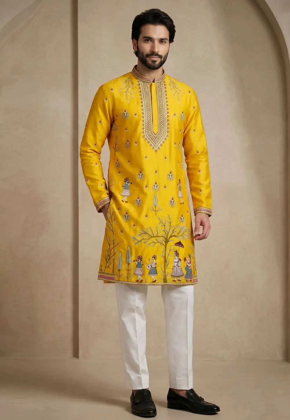 Yellow Satin Kurta Pajama 334101