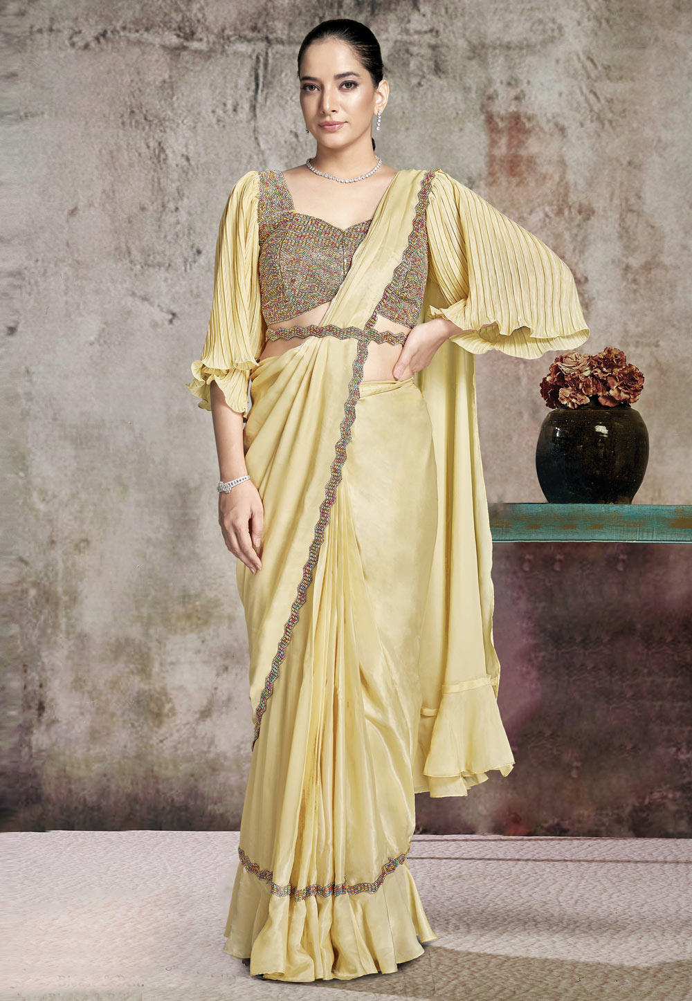 Yellow Satin Silk Designer Saree 324413