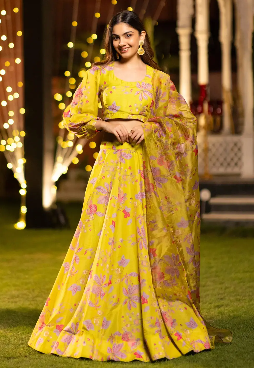 Yellow Satin Silk Floral Lehenga choli 333545