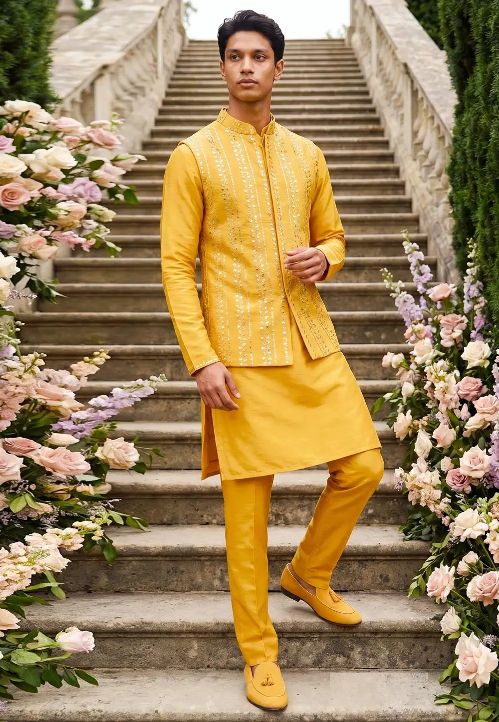 Yellow Satin Silk Kurta Pajama With Jacket 331119