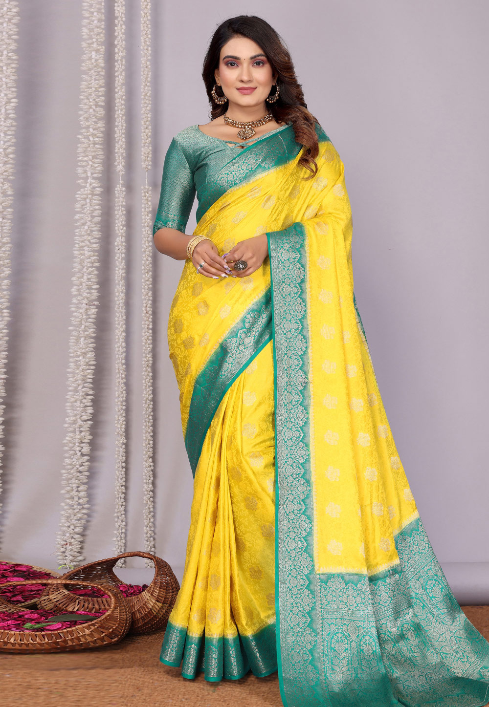 Yellow Satin Silk Saree With Blouse 312501