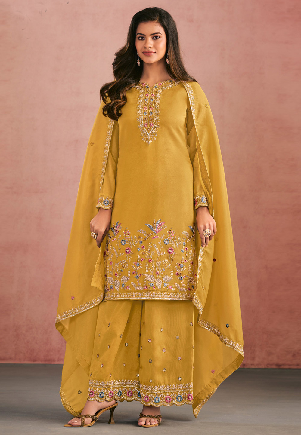 Yellow Shimmer Palazzo Suit 318392