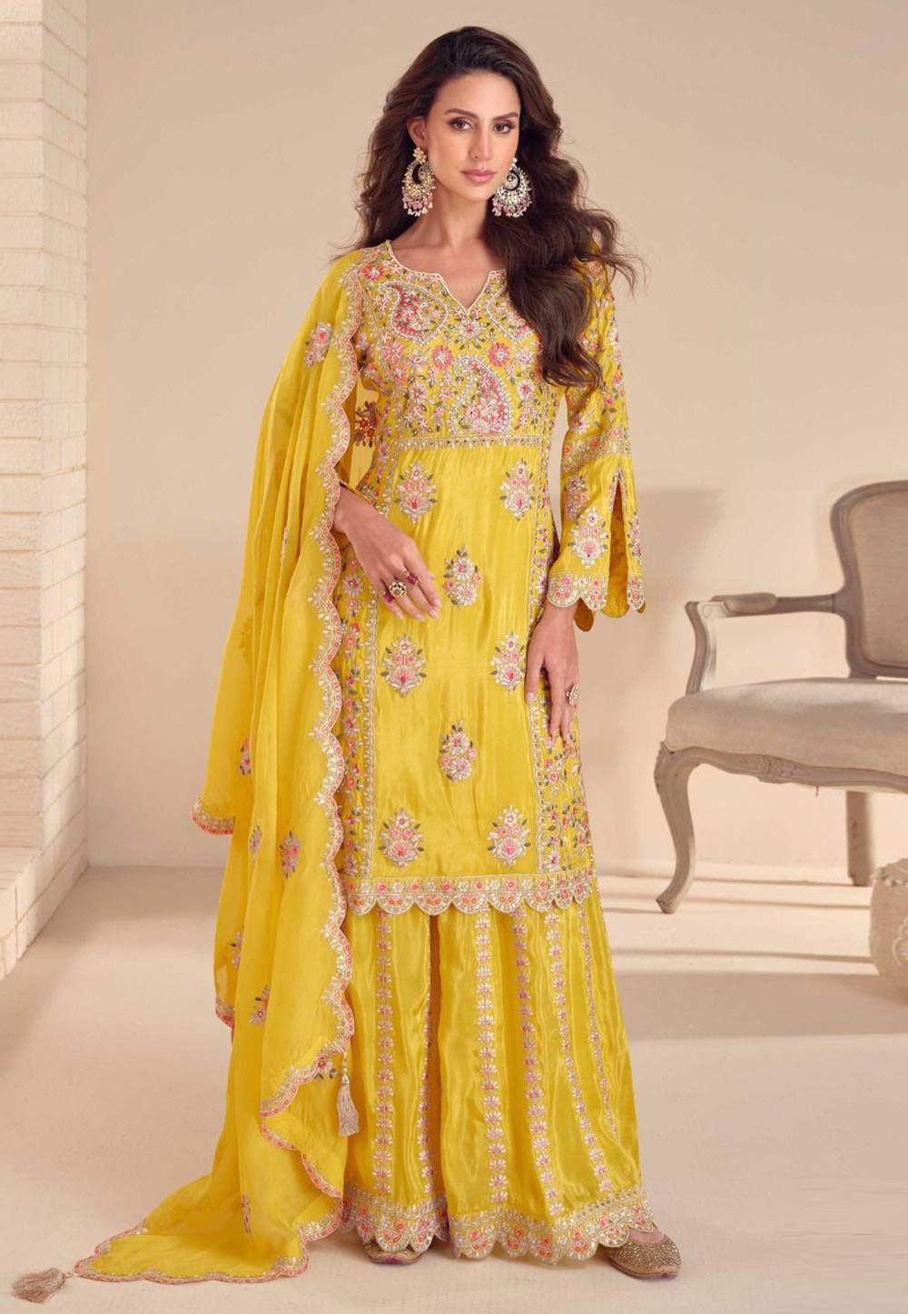 Yellow Shimmer Palazzo Suit 325016