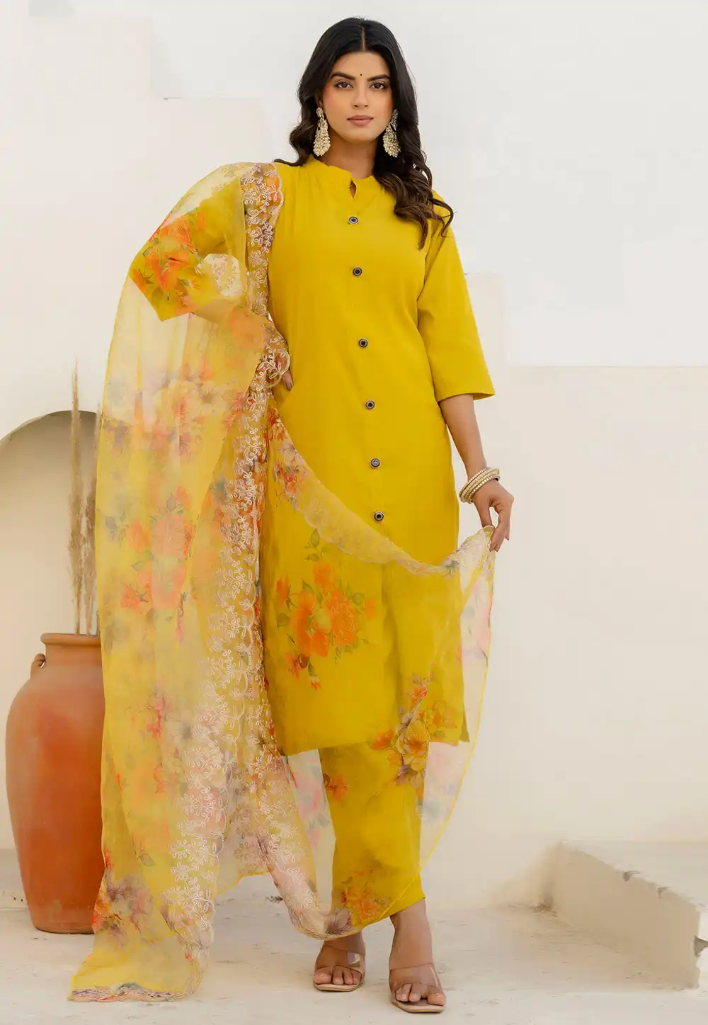 Yellow Shimmer Readymade Pant Style Suit 314575