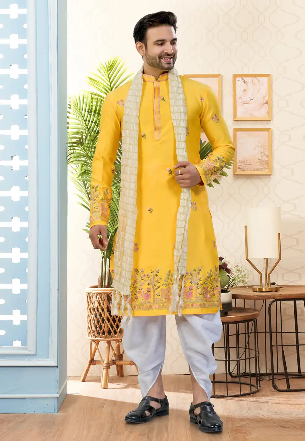 Yellow Silk Dhoti Kurta 324602