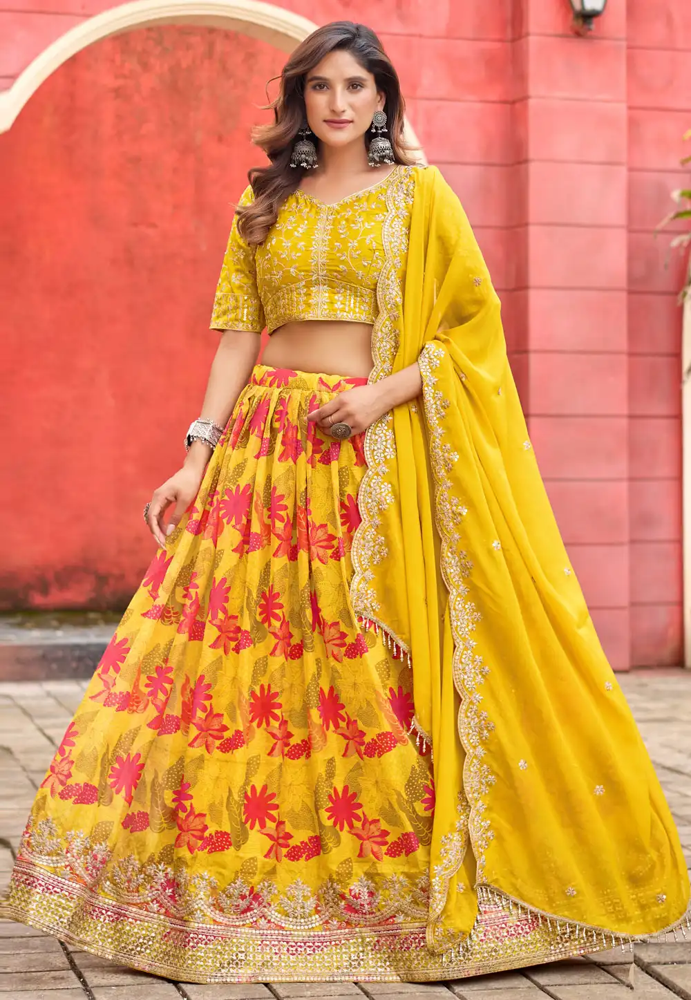Yellow Silk Floral Lehenga choli 316390