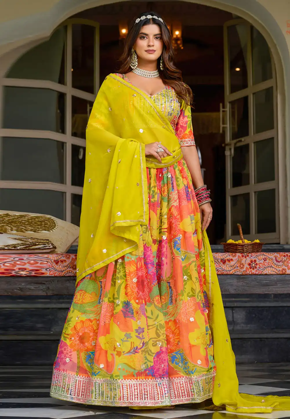 Yellow Silk Floral Lehenga choli 320434