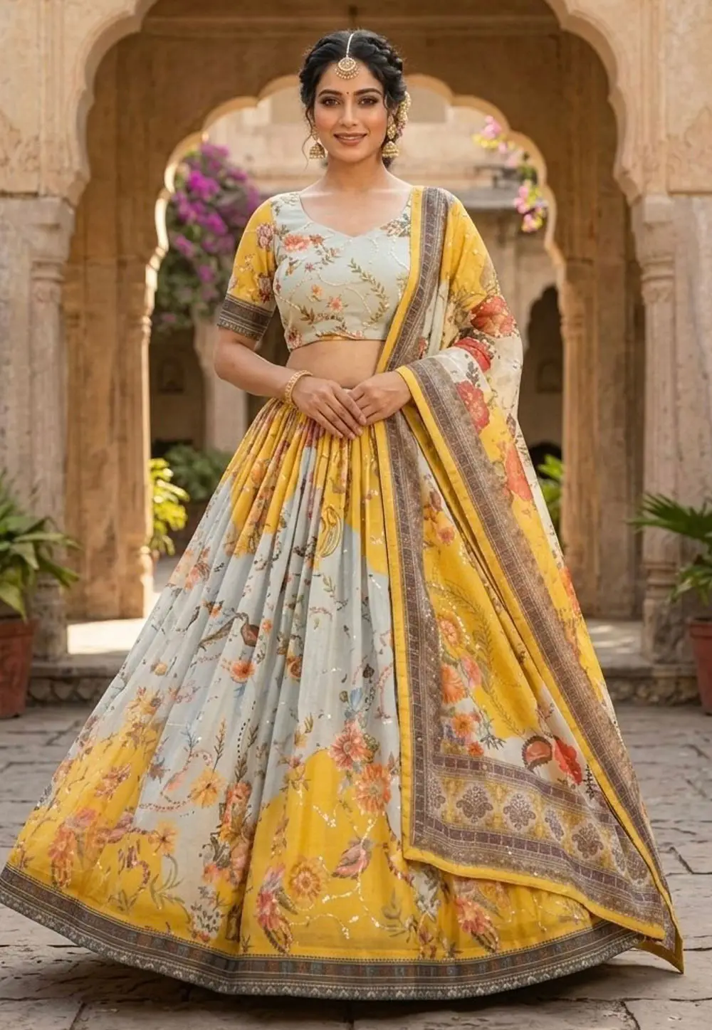 Yellow Silk Floral print Lehenga Choli 331327