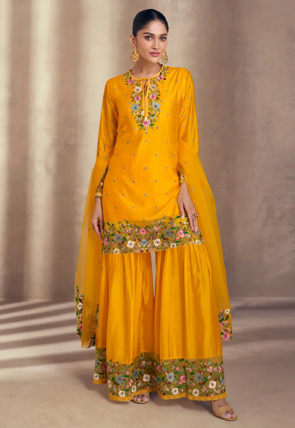 Yellow Silk Georgette Sharara Suit 292800