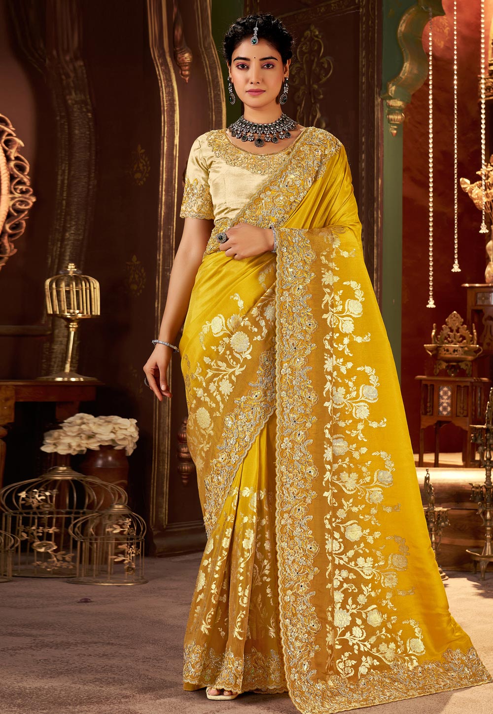 Yellow Silk Half N Half Saree 321686