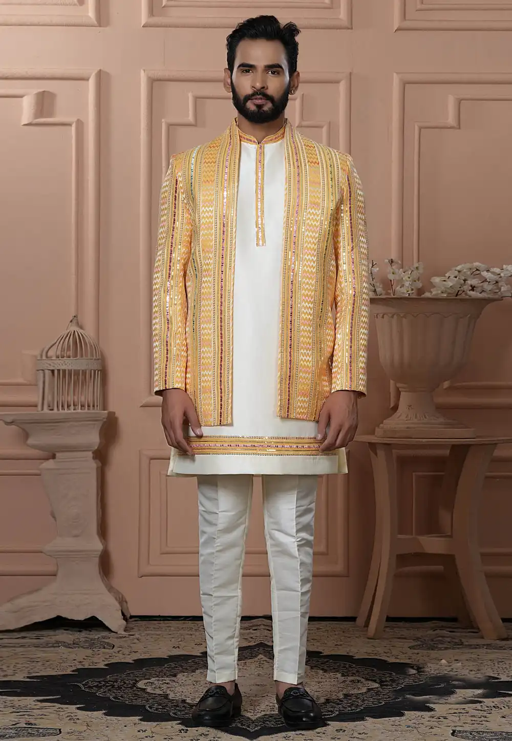 Yellow Silk Indo Western Suit 315061