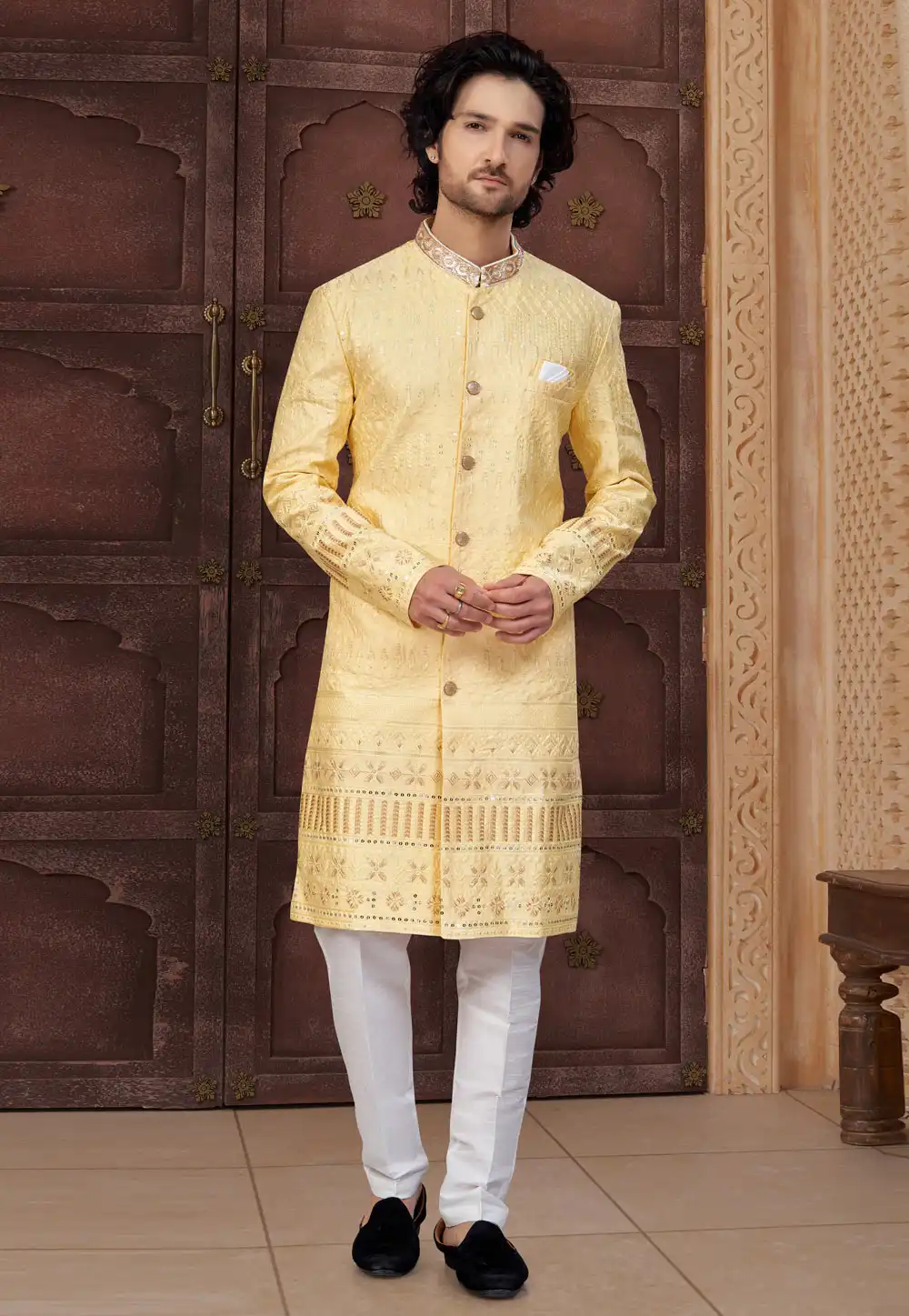 Yellow Silk Indo Western Suit 317875