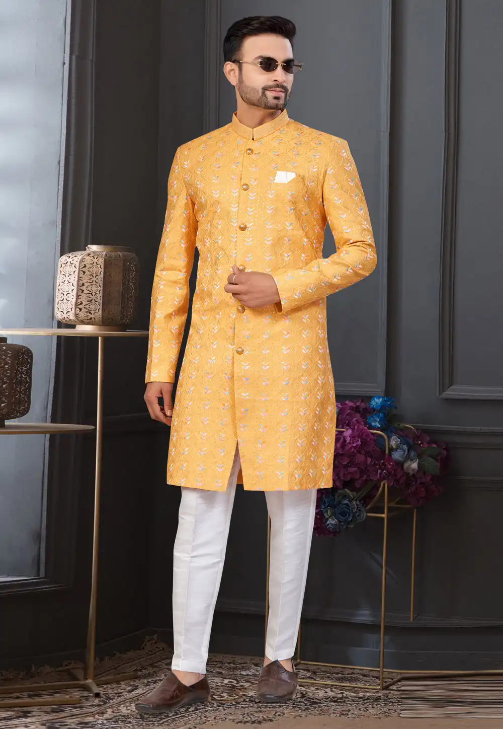 Yellow Silk Indo Western Suit 317885