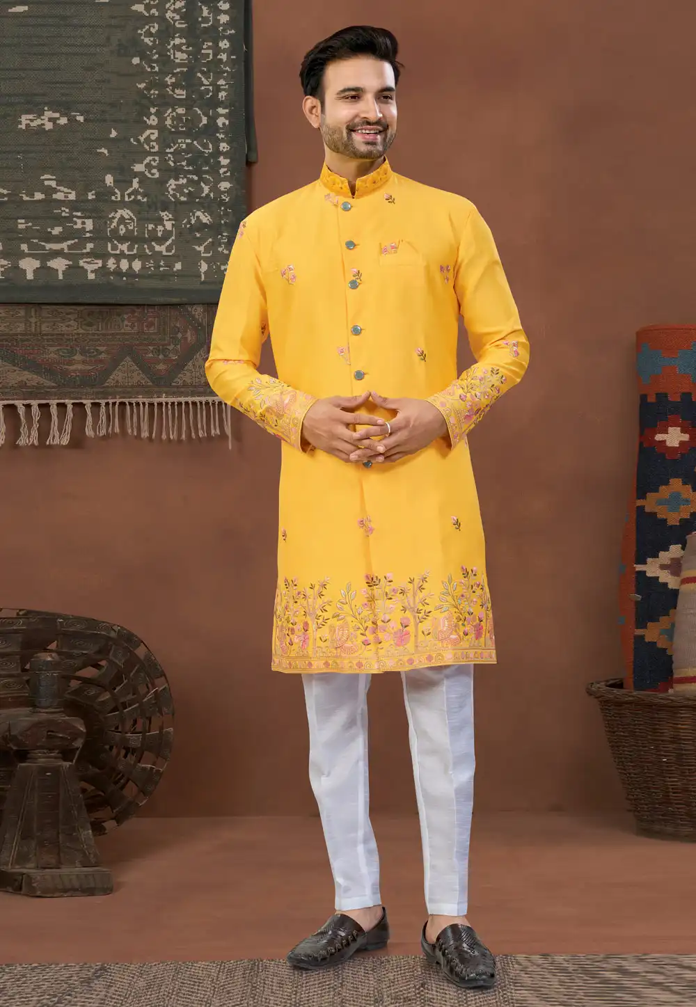 Yellow Silk Indo Western Suit 324611