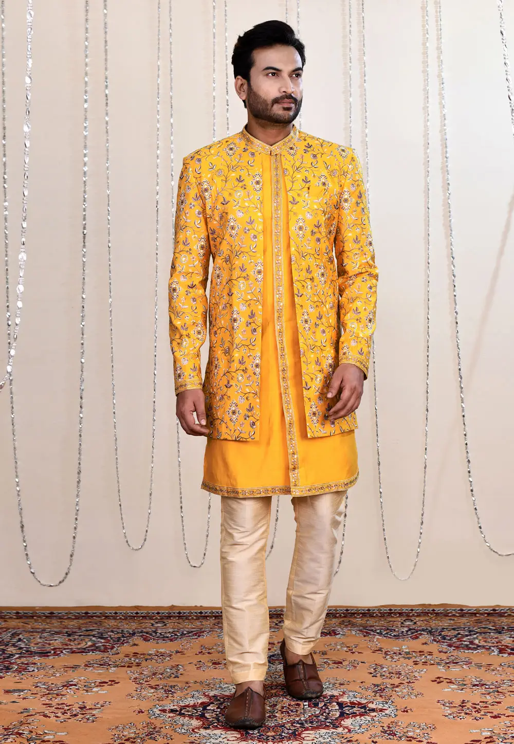 Yellow Silk Indo Western Suit 335267