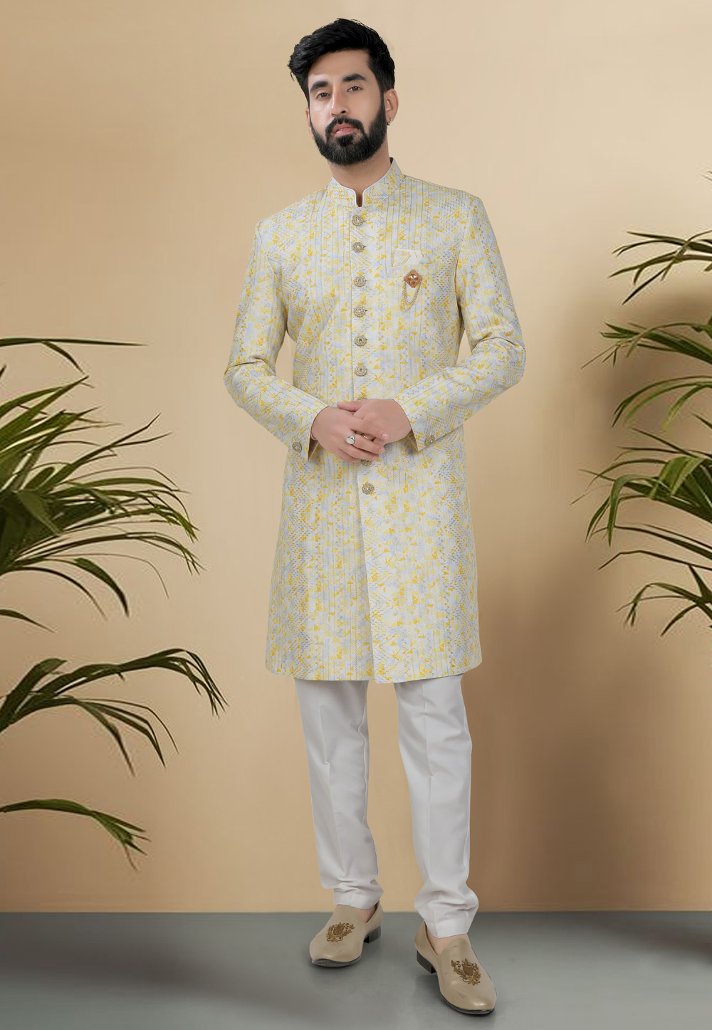 Yellow Silk Indo Western Suit 313096
