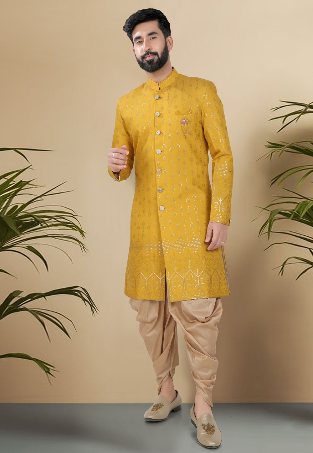 Yellow Silk Indo Western Suit 313103