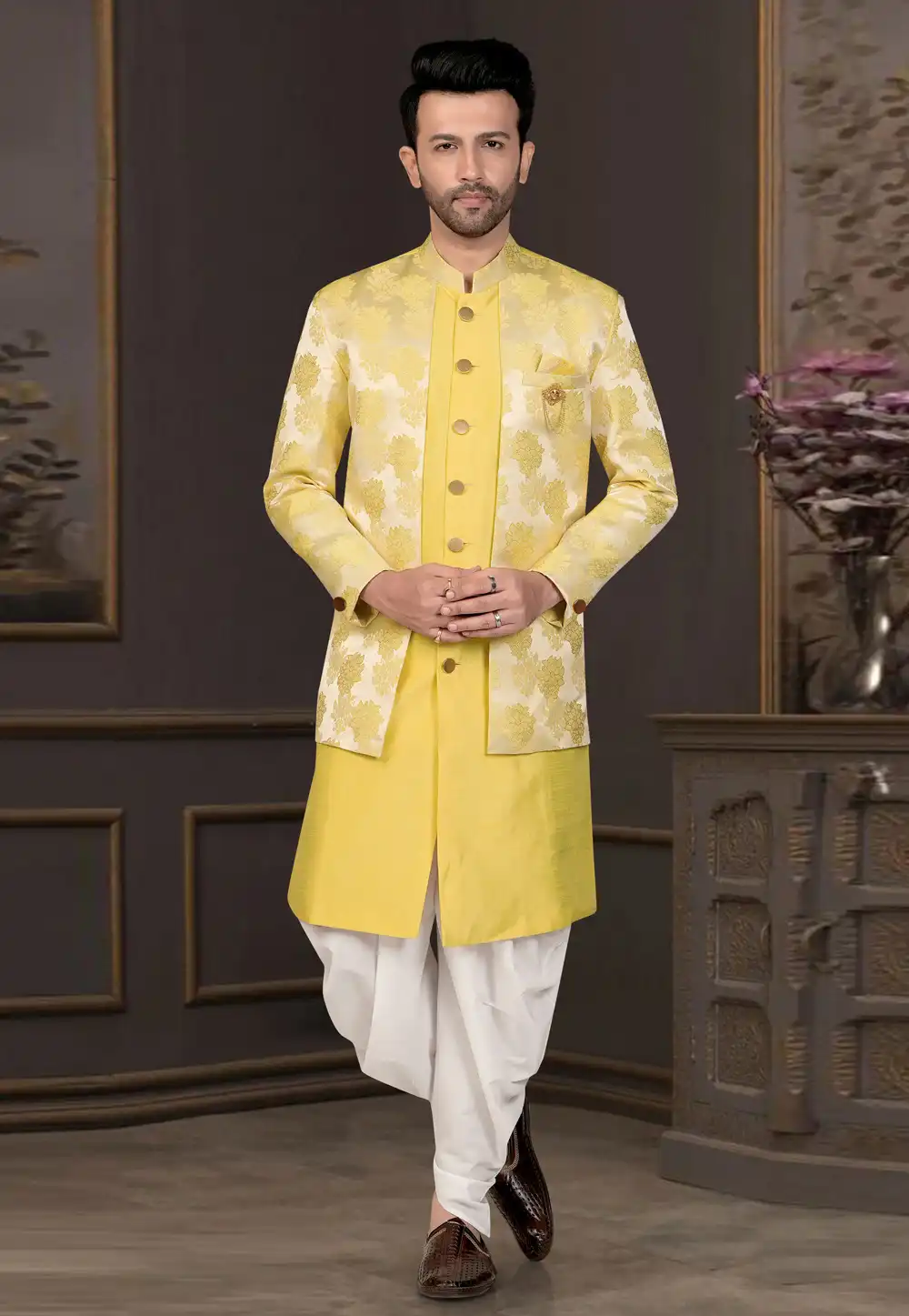 Yellow Silk Indo Western Suit 316129