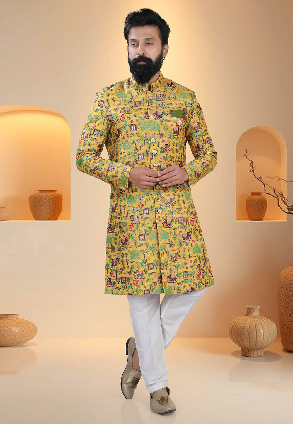 Yellow Silk Indo Western Suit 321305