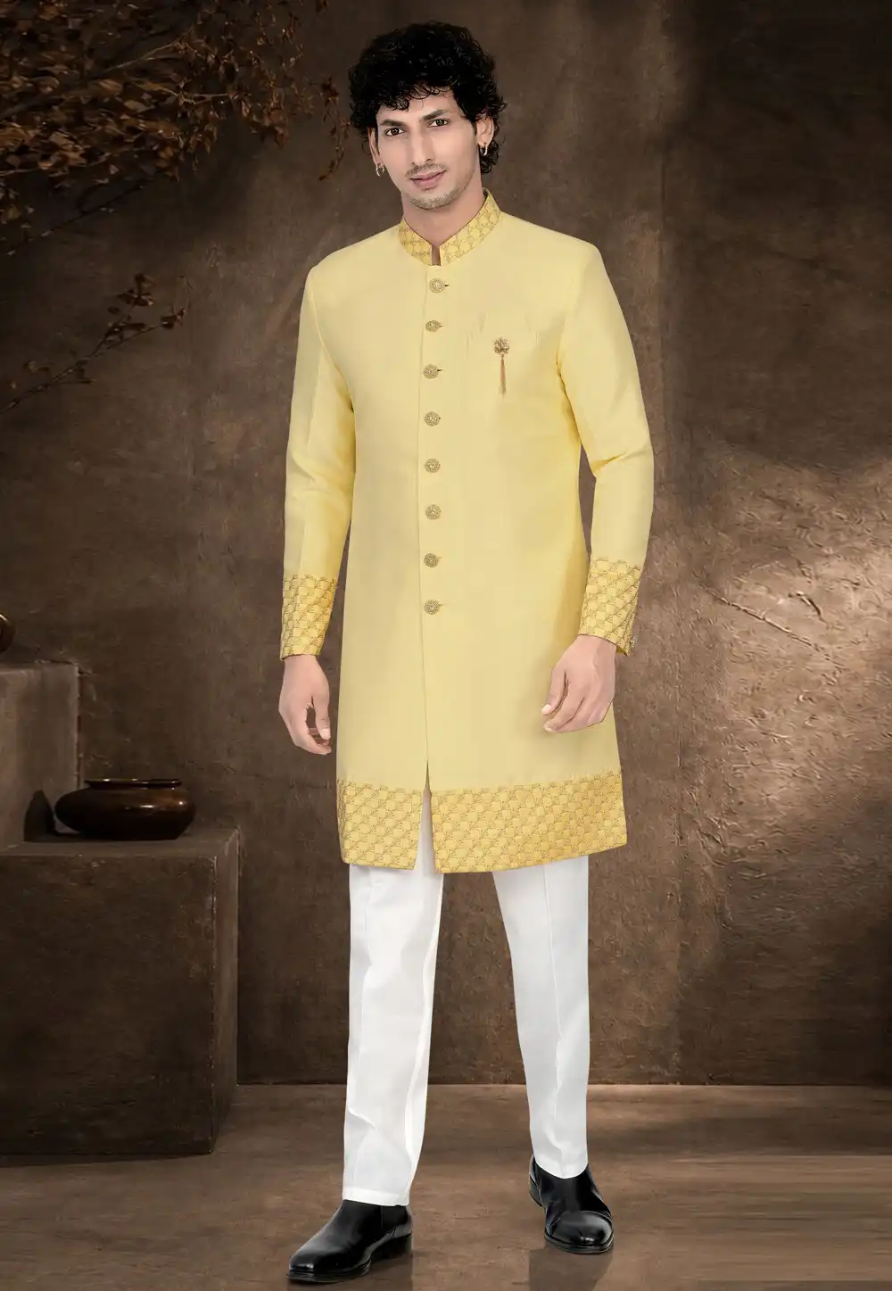 Yellow Silk Indo Western Suit 329879