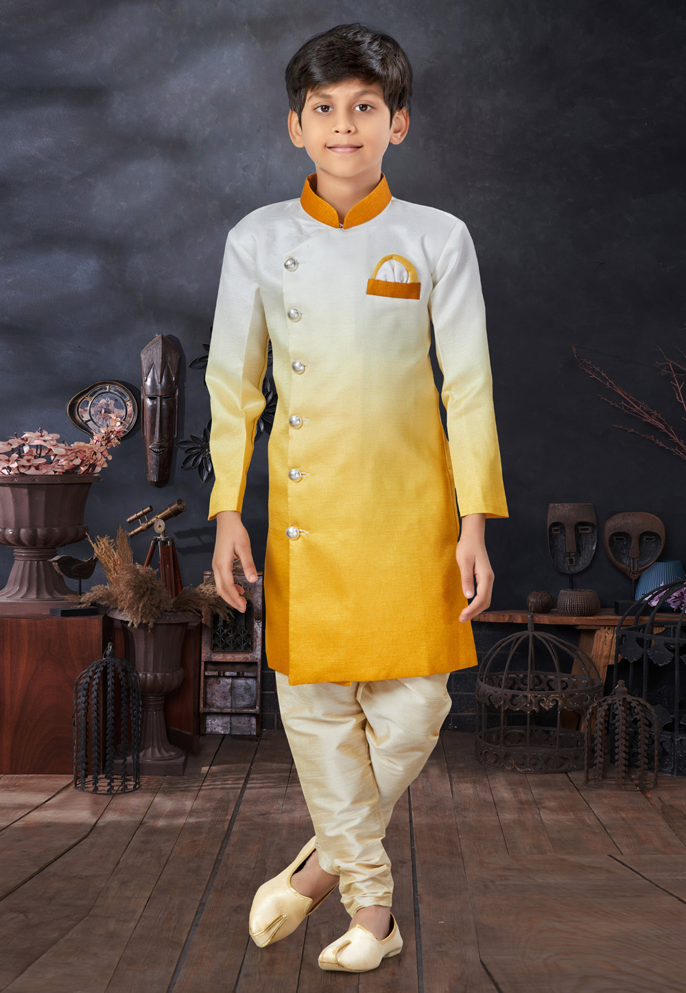 Yellow Silk Kids Indo Western Sherwani 279099