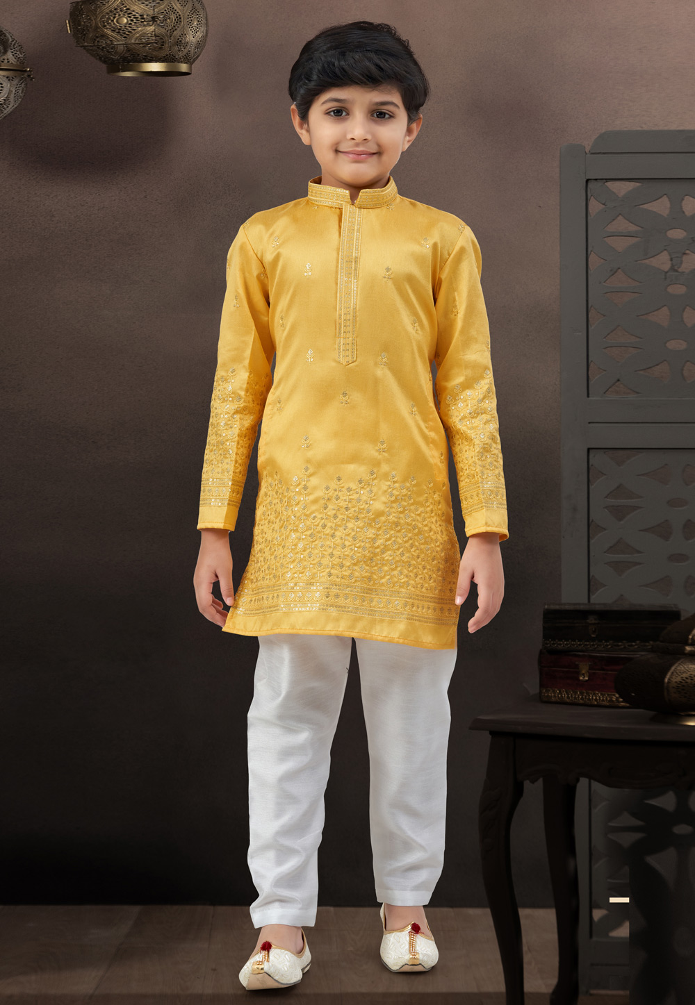 Yellow Silk Kids Kurta Pajama 328729
