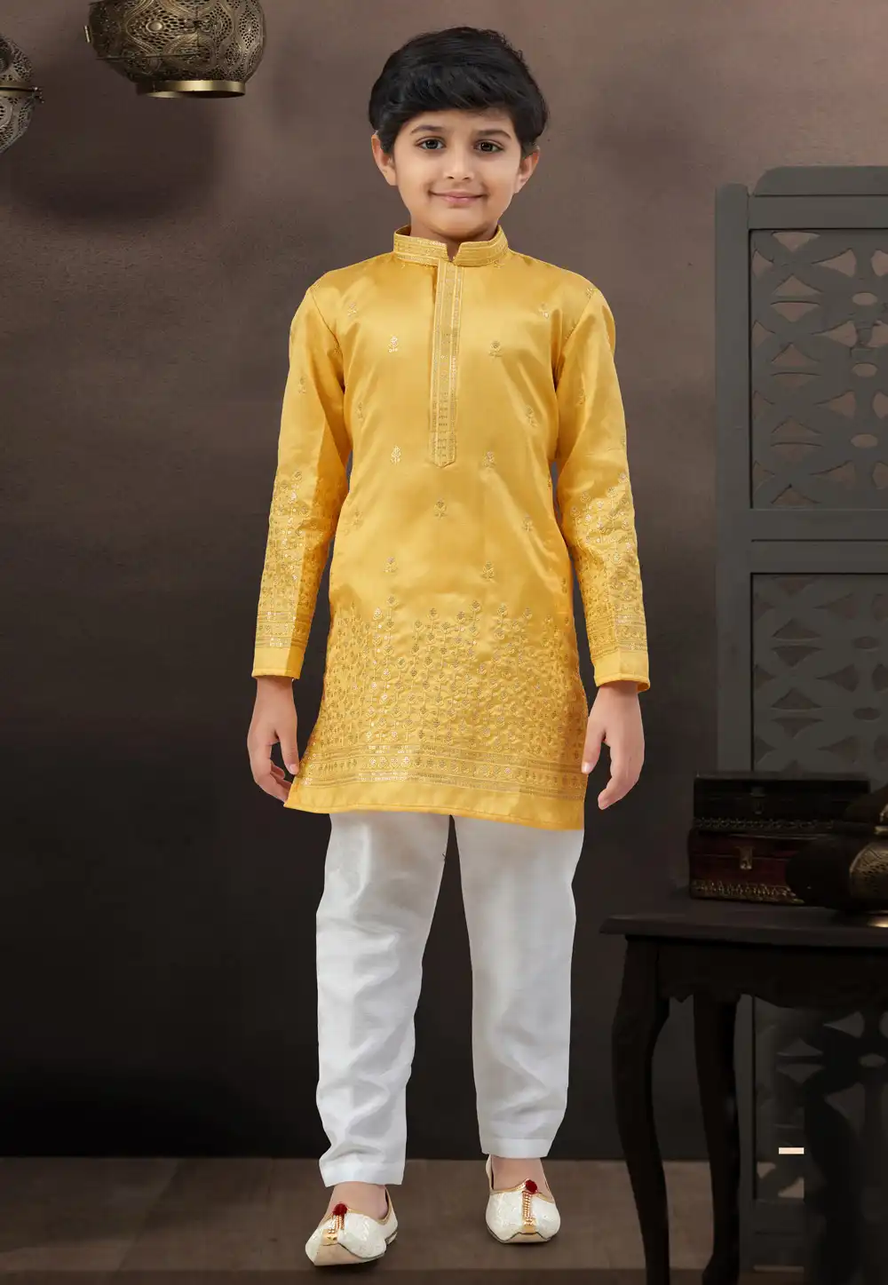 Yellow Silk Kids Kurta Pajama 328729
