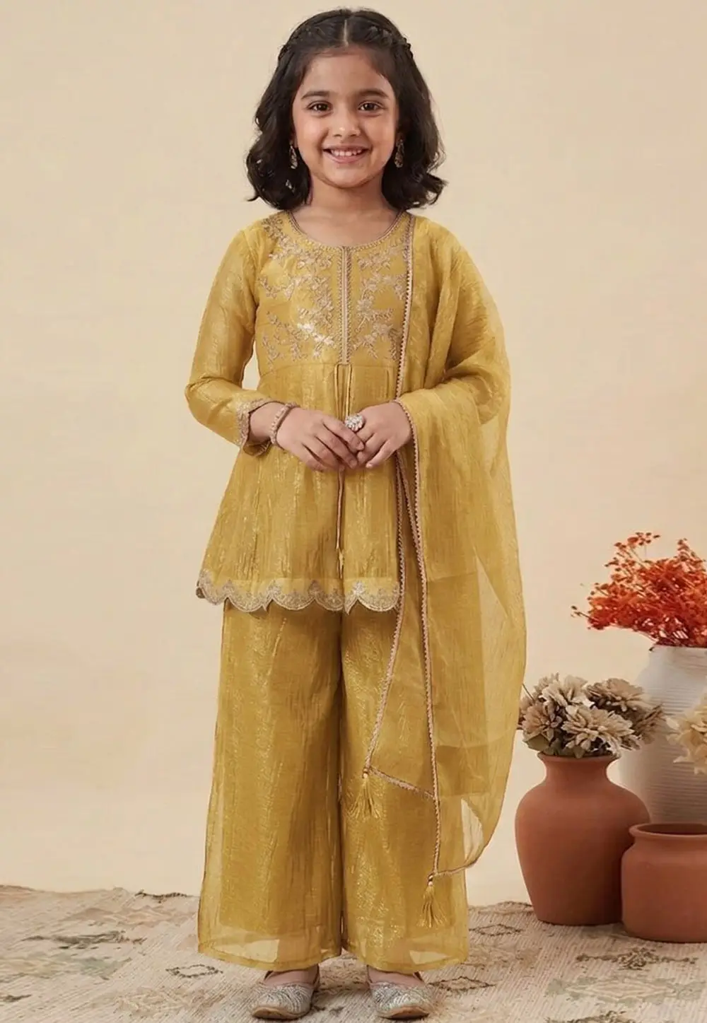 Yellow Silk Kids Salwar Suit 334096