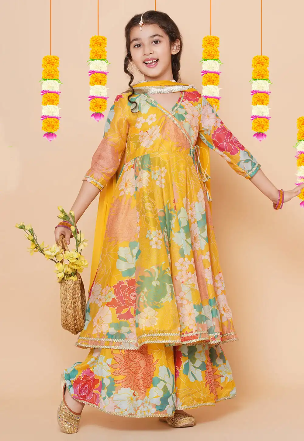 Yellow Silk Kids Sharara Suit 282650