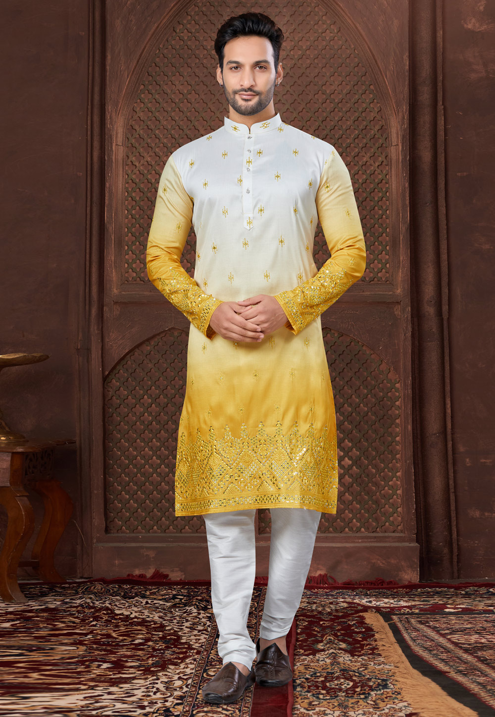 Yellow Silk Kurta Pajama 307654