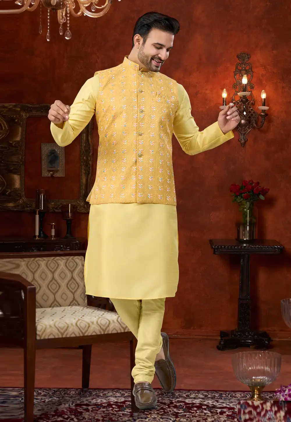 Yellow Silk Kurta Pajama With Jacket 324596