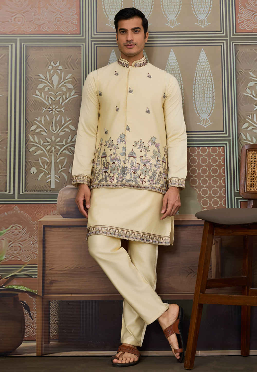 Yellow Silk Kurta Pajama With Jacket 318995