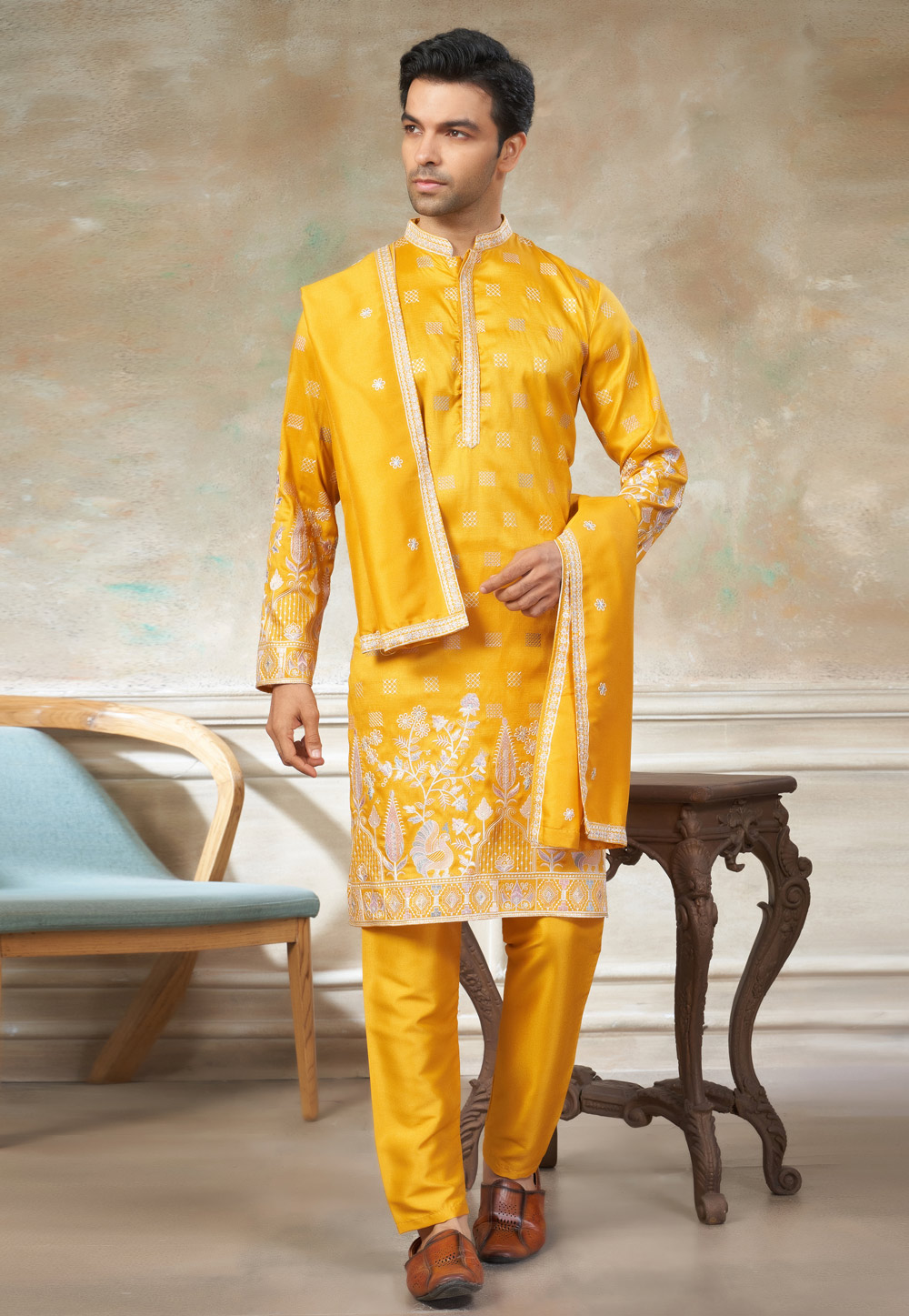 Yellow Silk Kurta Pajama With Stole 325995