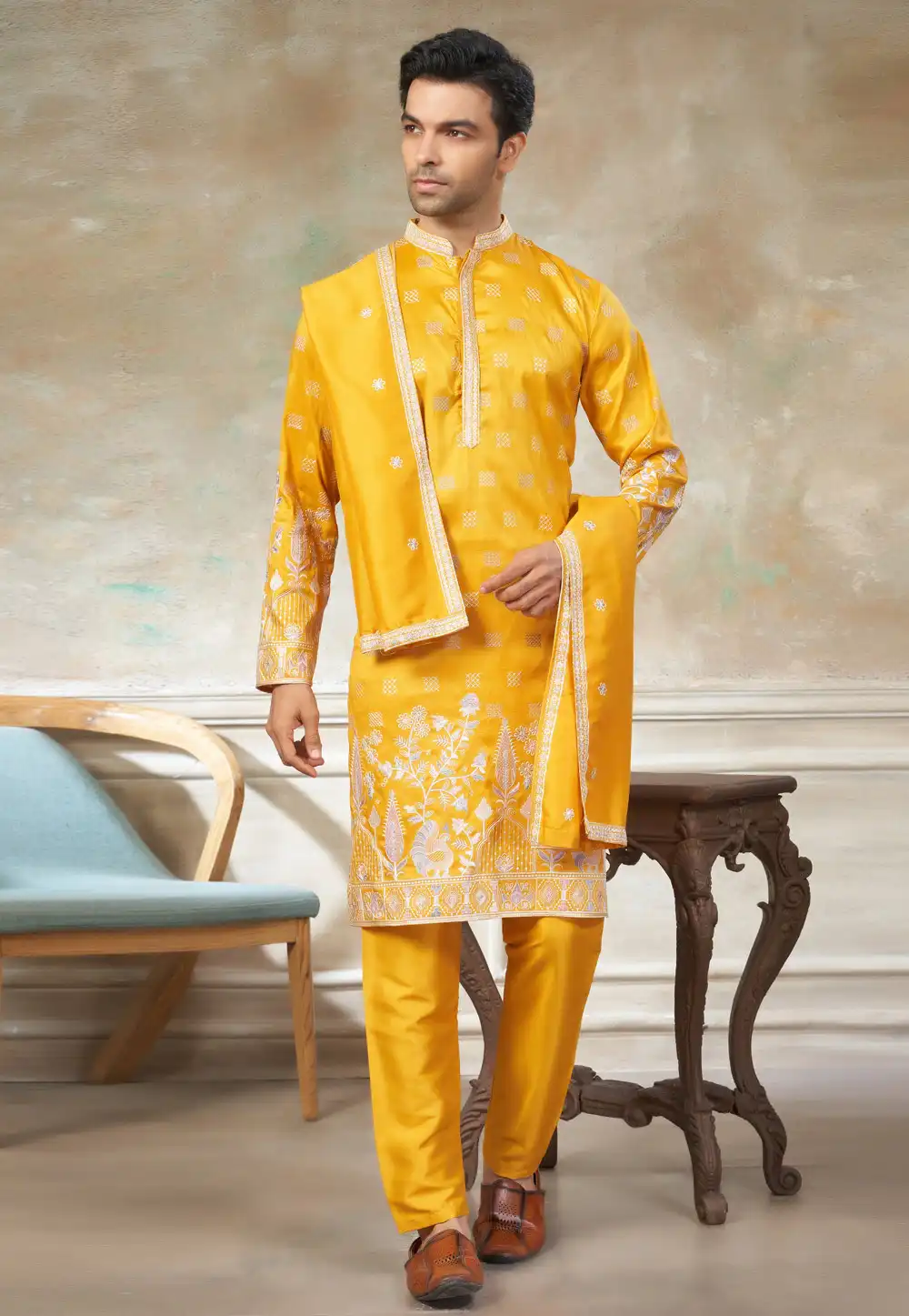Yellow Silk Kurta Pajama With Stole 325995