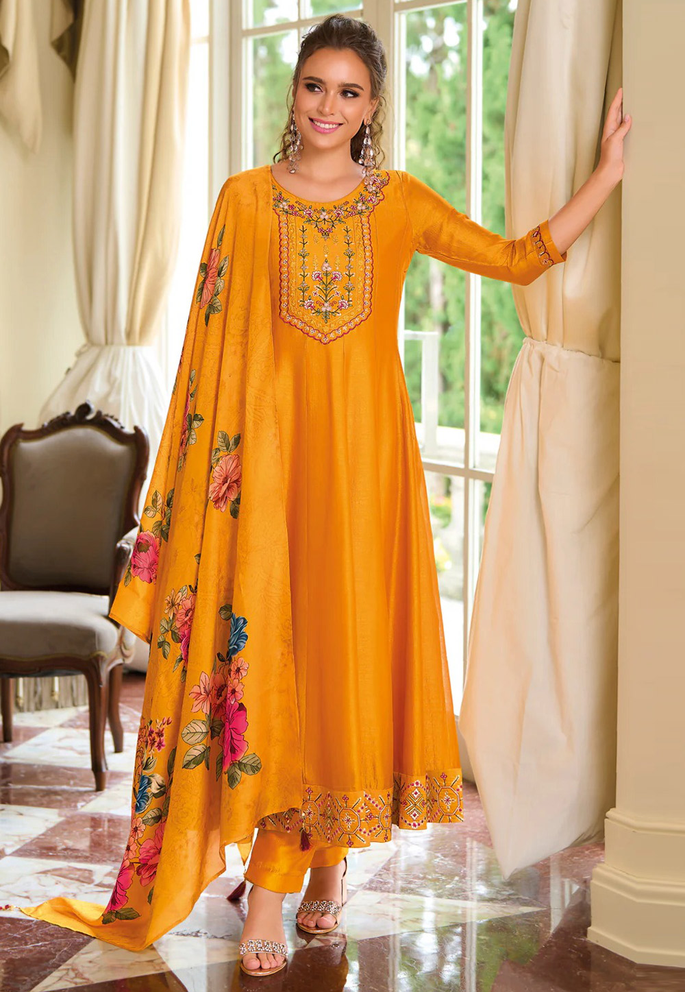 Yellow Silk Readymade Anarkali Suit 307128