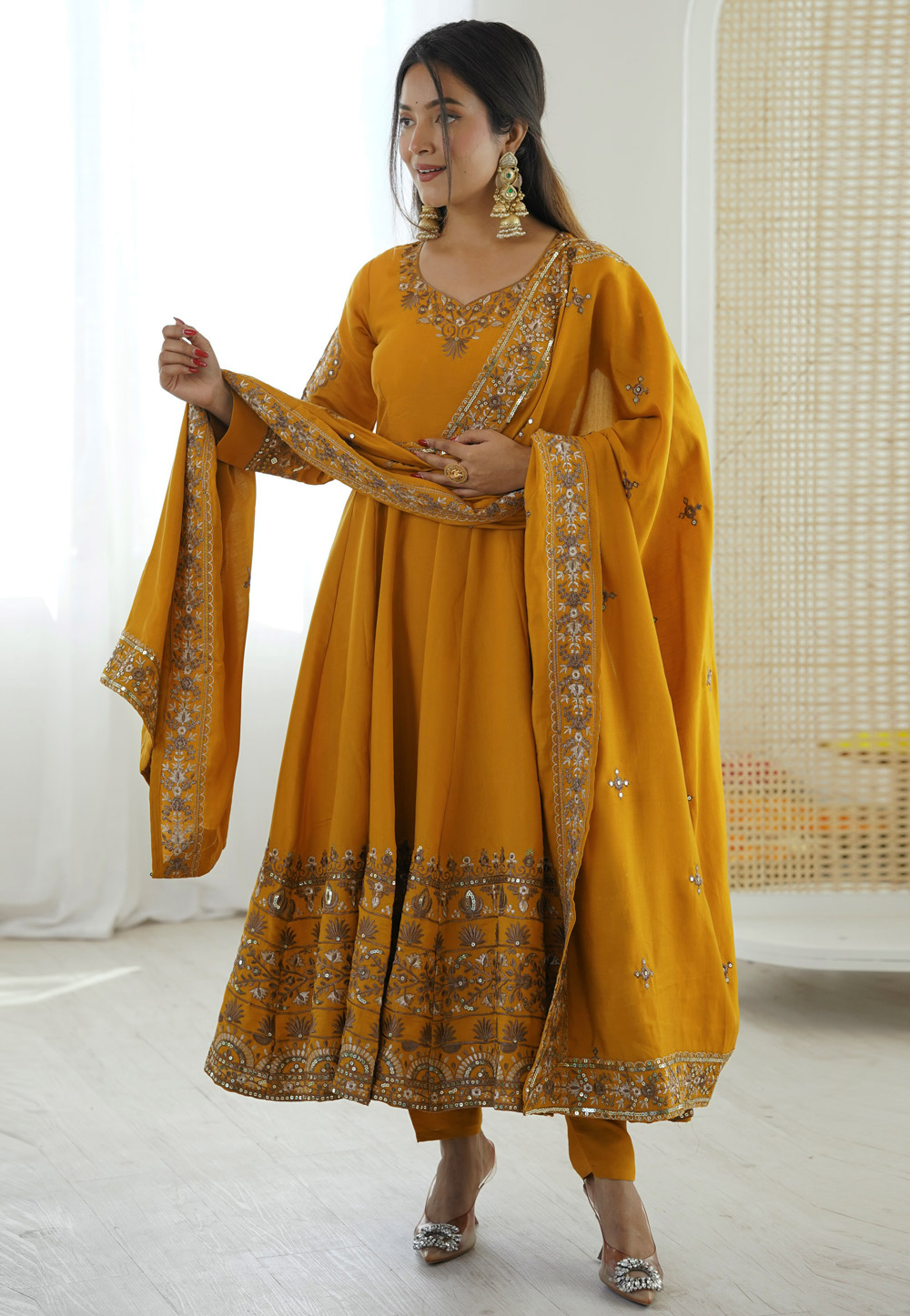 Yellow Silk Readymade Anarkali Suit 325493