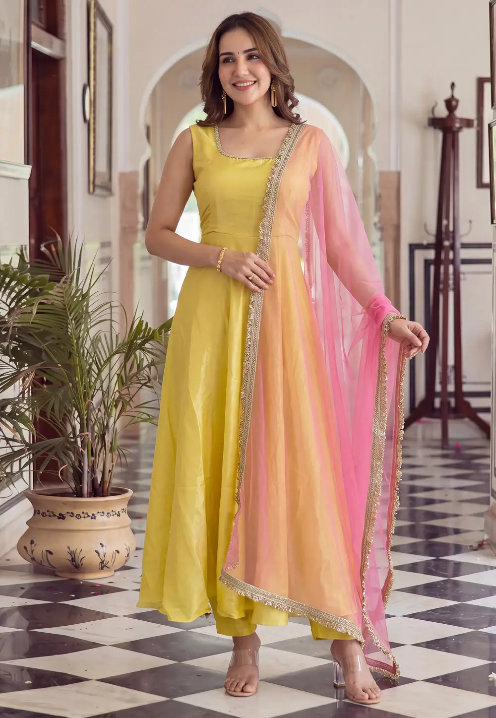 Yellow Silk Readymade Anarkali Suit 334593