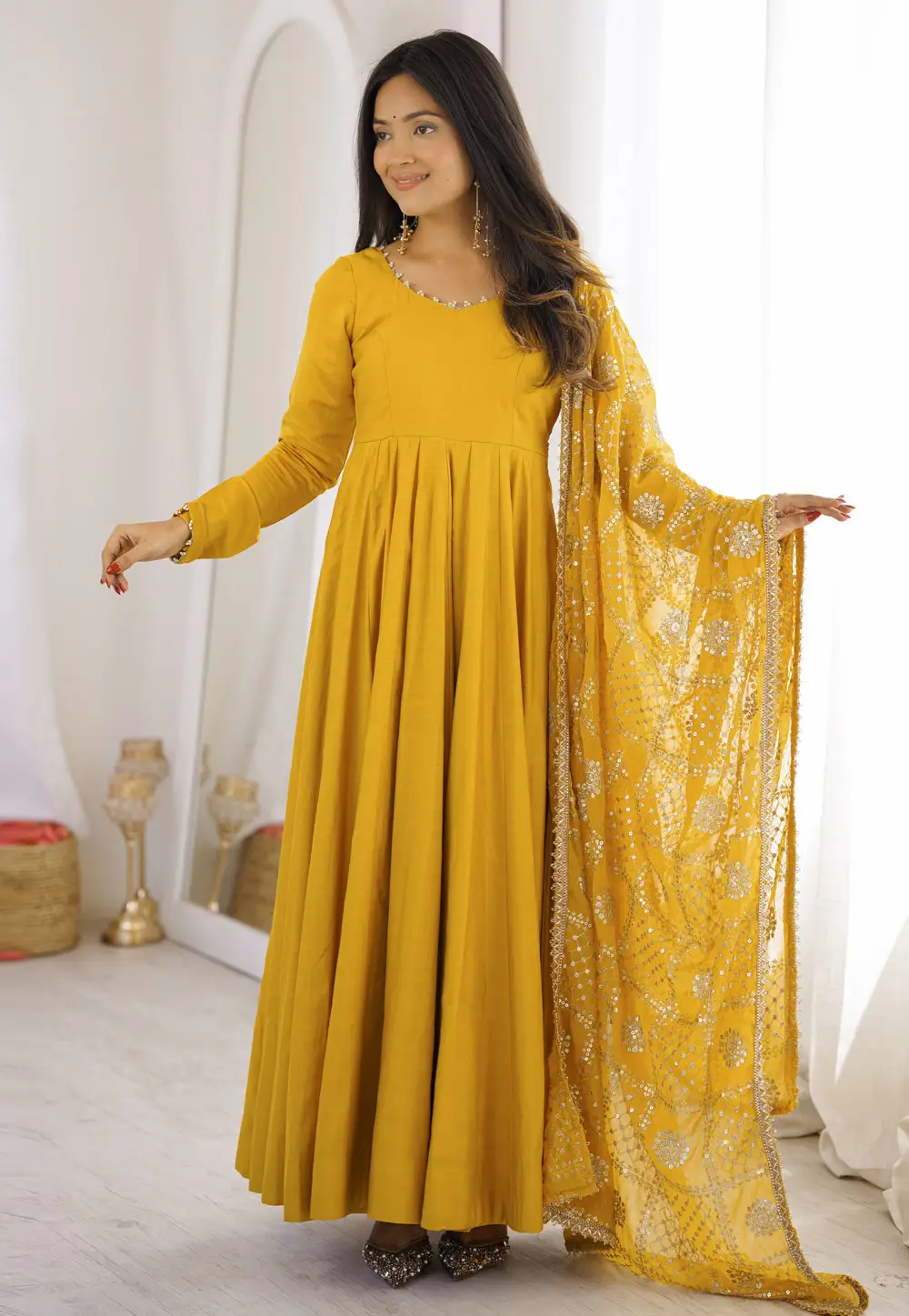 Yellow Silk Readymade Long Anarkali Suit 334054