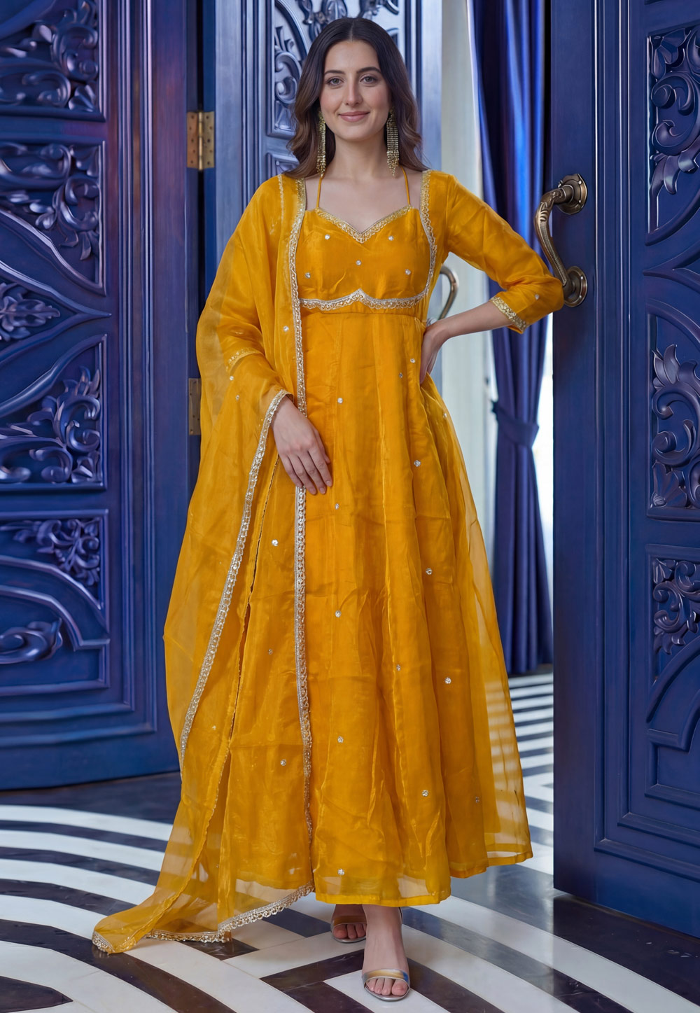 Yellow Silk Readymade Long Anarkali Suit 325468