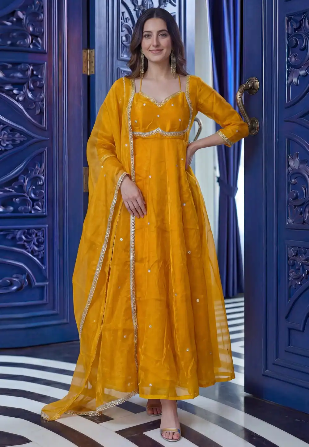 Yellow Silk Readymade Long Anarkali Suit 325468