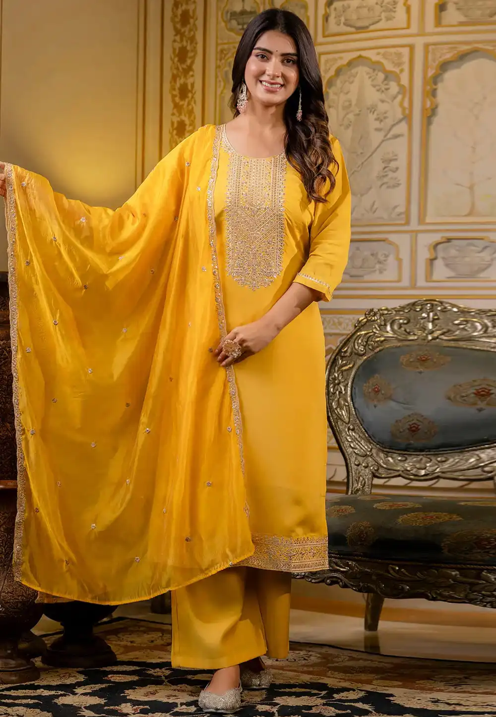 Yellow Silk Readymade Pakistani Suit 308729
