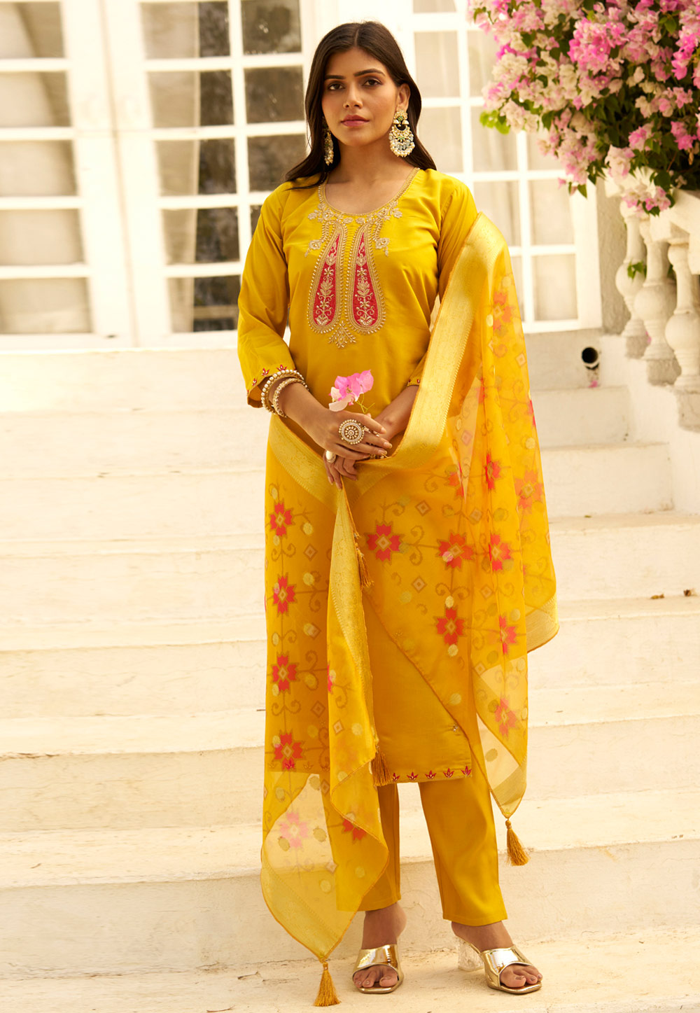 Yellow Silk Readymade Pakistani Suit 324471