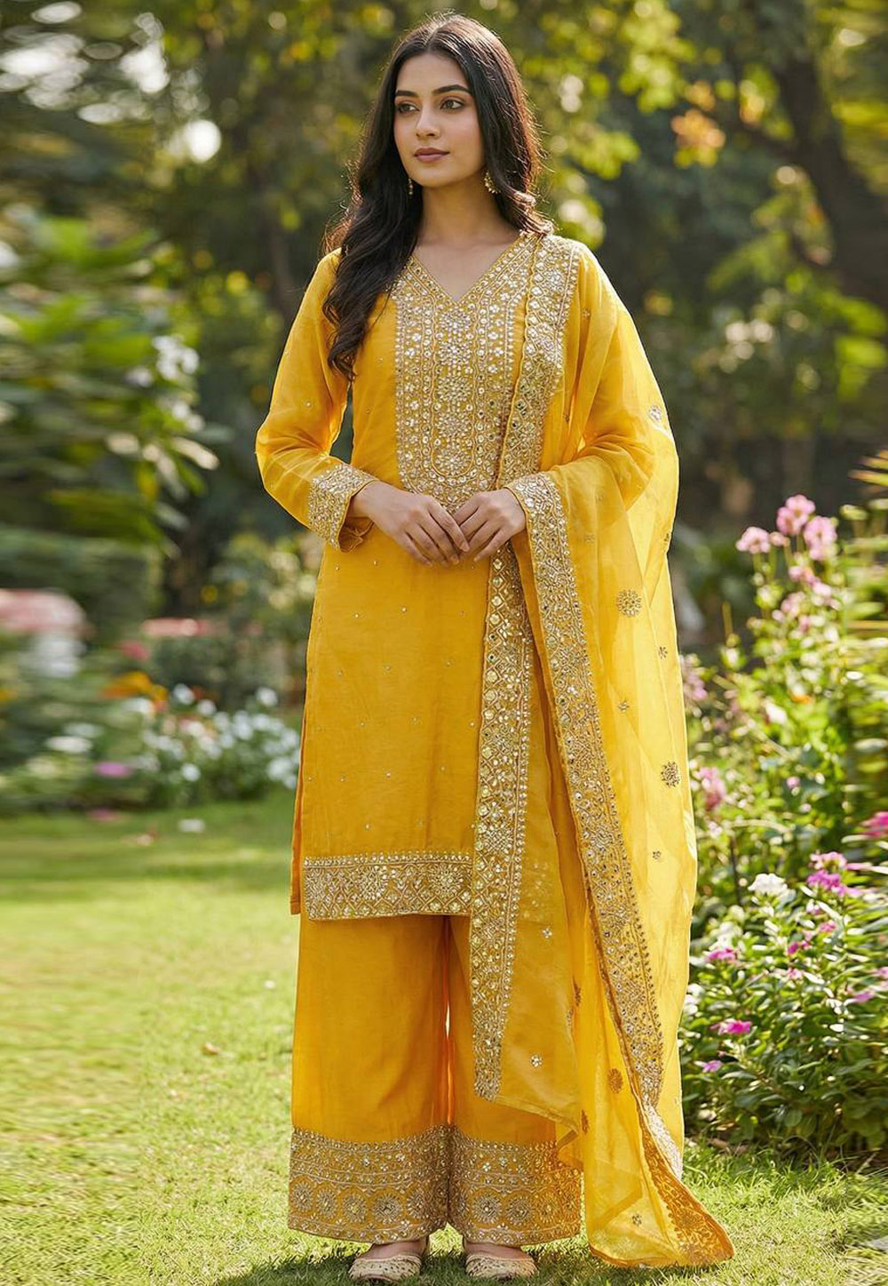 Yellow Silk Readymade Pakistani Suit 324883