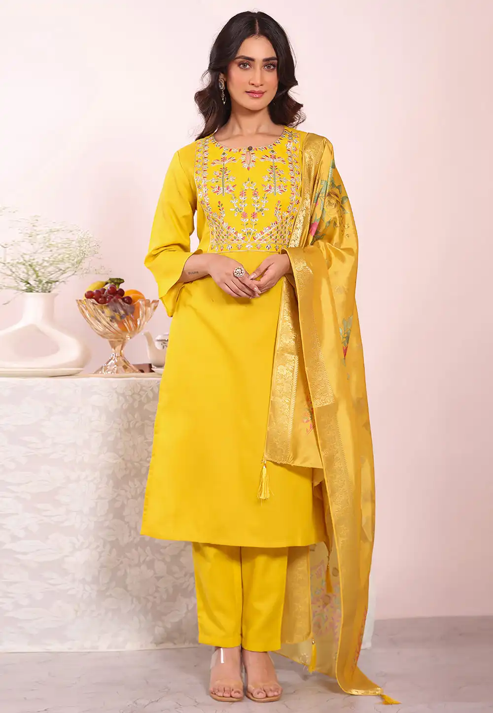 Yellow Silk Readymade Pakistani Suit 325514