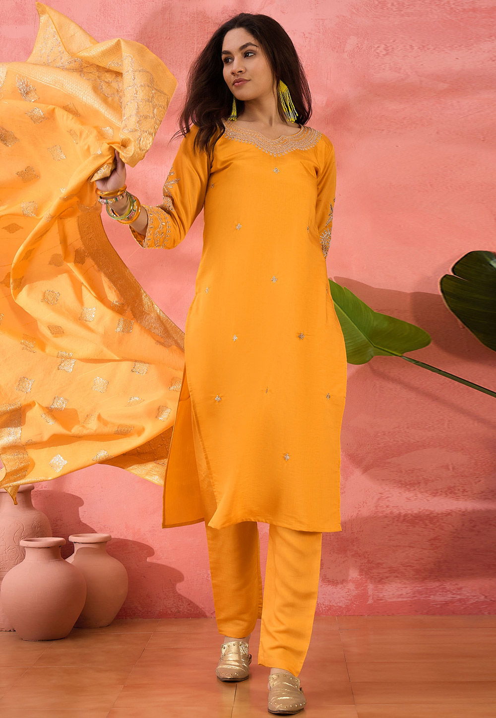 Yellow Silk Readymade Pakistani Suit 308384
