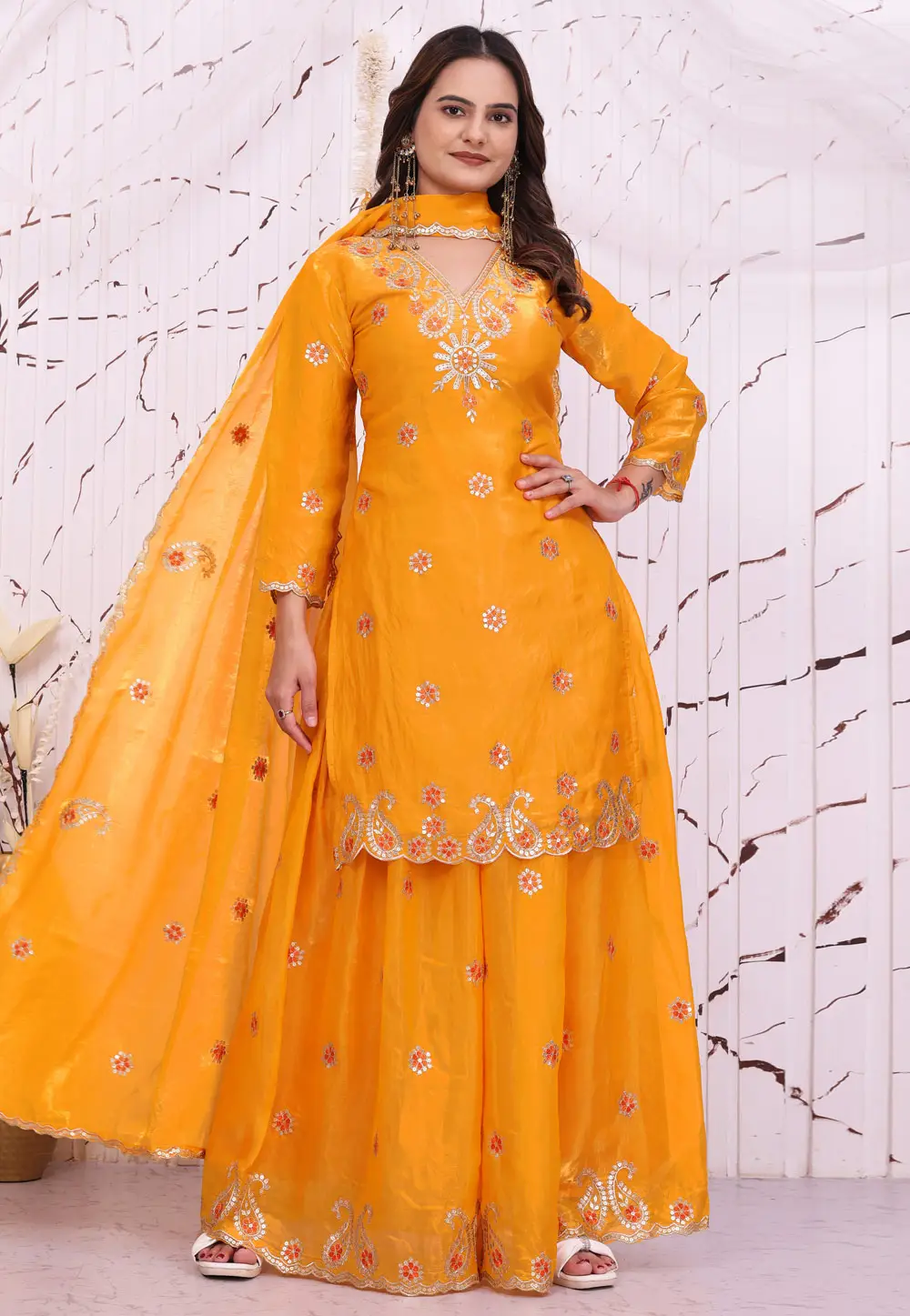 Yellow Silk Readymade Palazzo Suit 335381