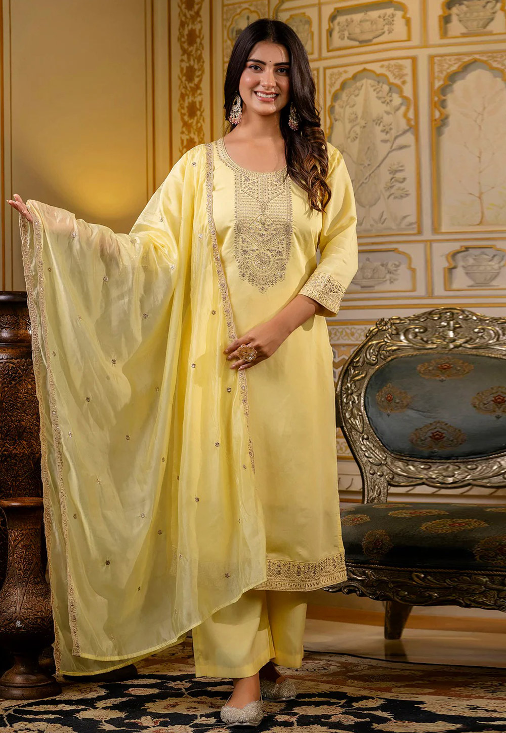 Yellow Silk Readymade Palazzo Suit 308730
