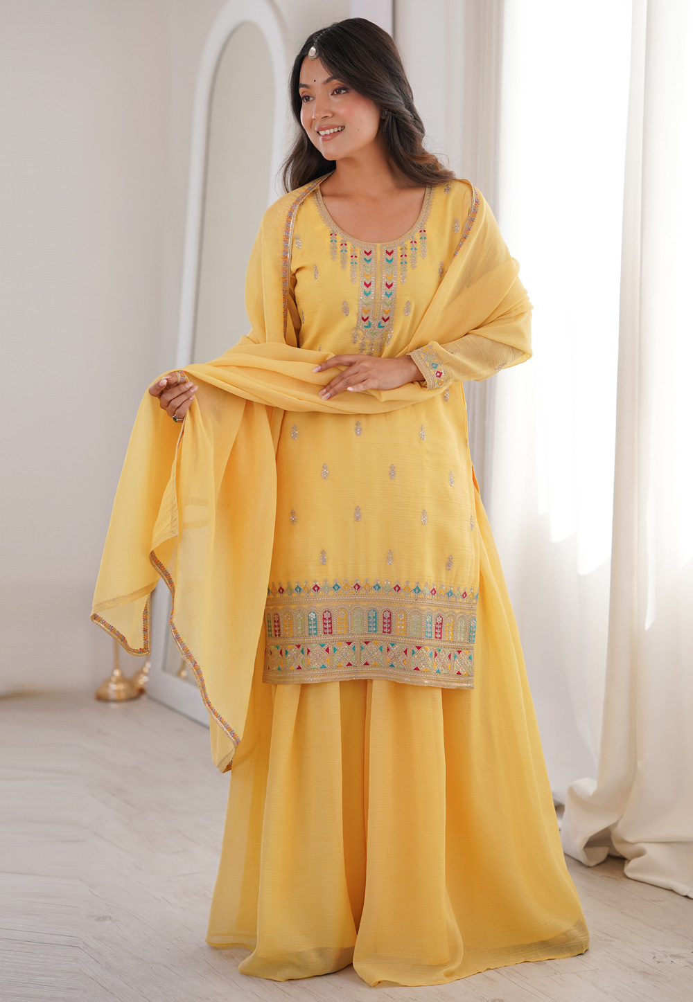 Yellow Silk Readymade Palazzo Suit 325492